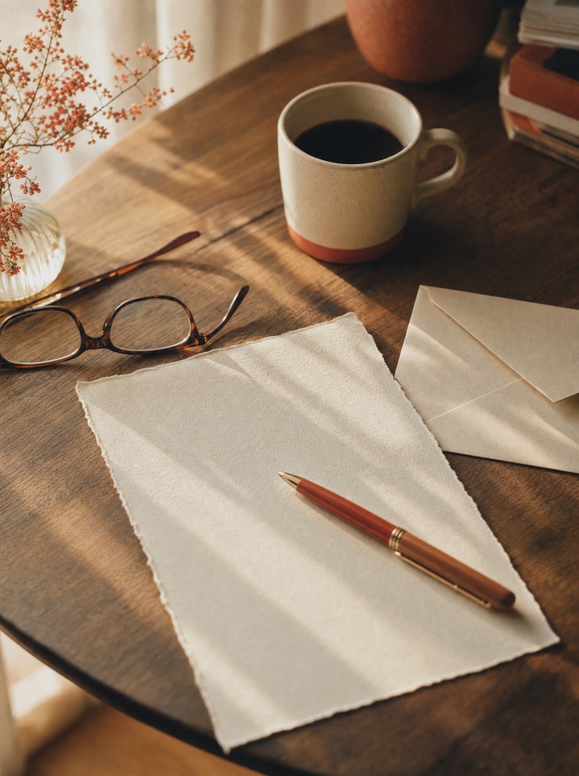 A handwritten letter, envelope and pen on a warm kitchen table in morning light