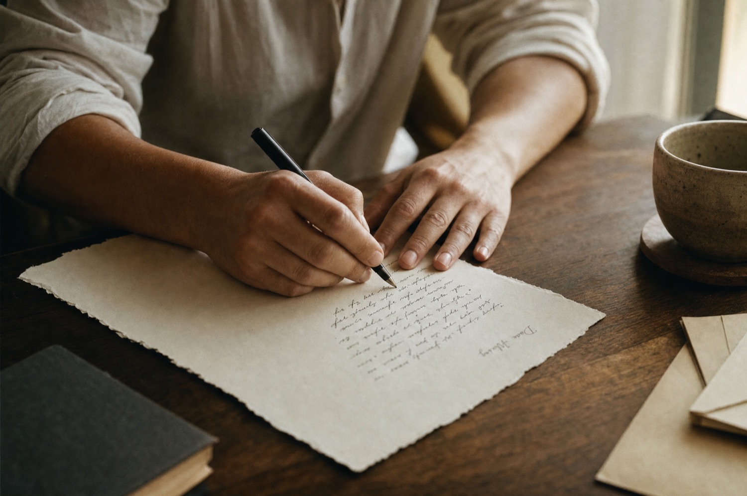 A person writing a letter by hand at a wooden table in warm light
